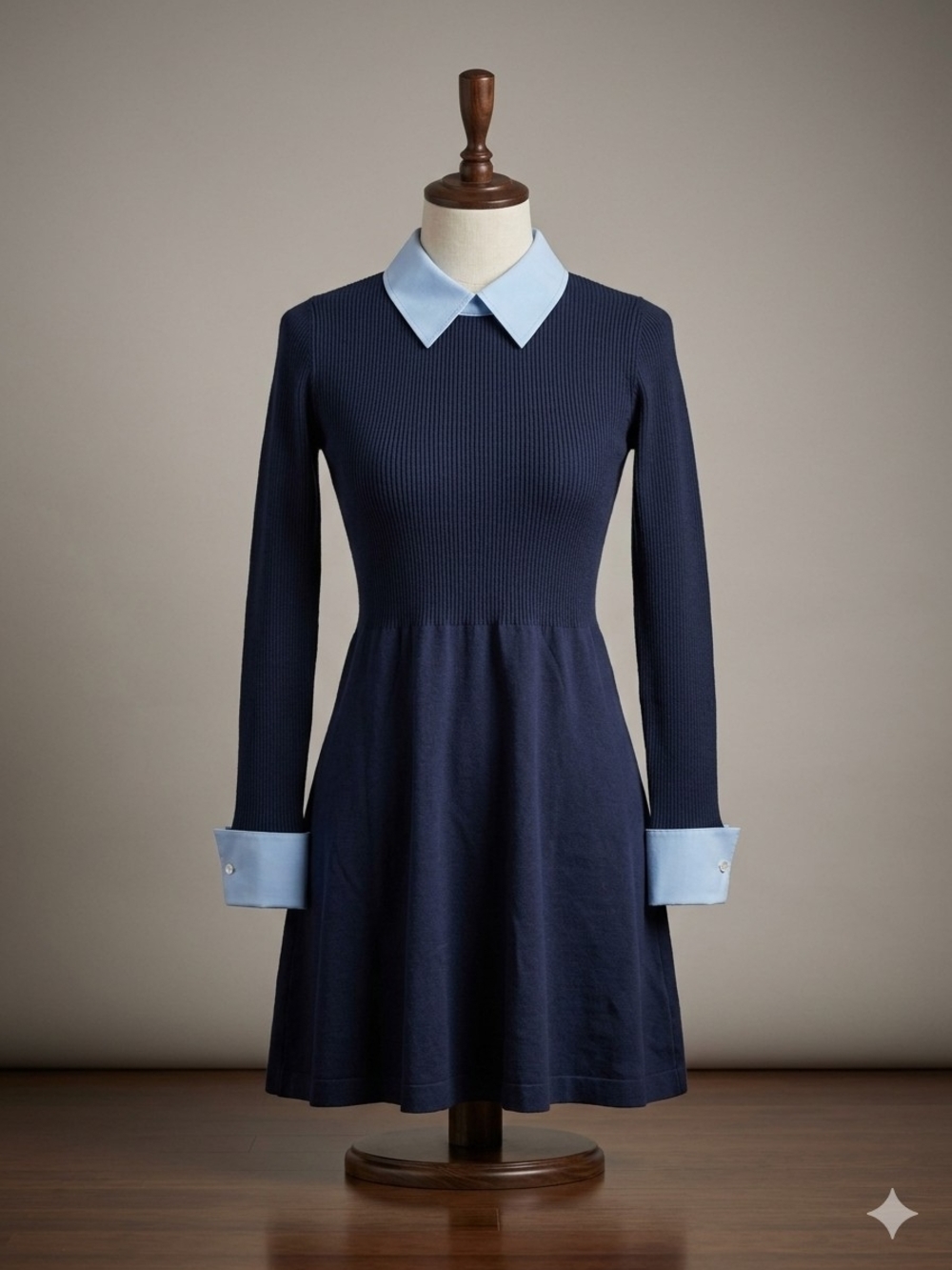NWT Navy Long-Sleeve Fit & Flare Dress with Light Blue Collar